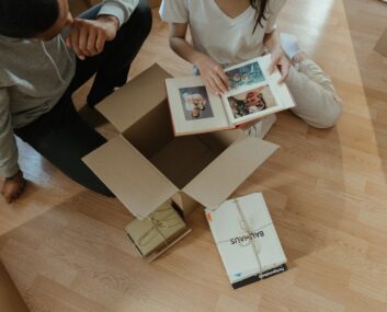 a couple looking at their memories